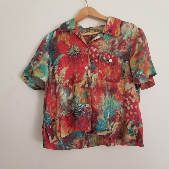 Chico's Tops - Chico's Colorful 100% Linen Shortsleeve Button Down Shirt Crop